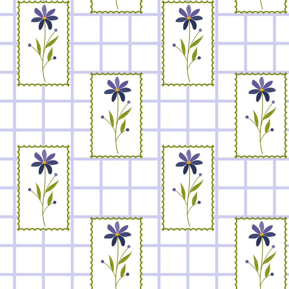 Pattern with violet flowers on checkered background vector