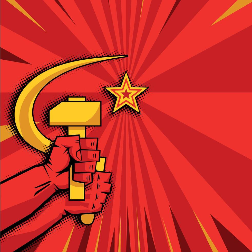 sickle and hammer in hands red background vector
