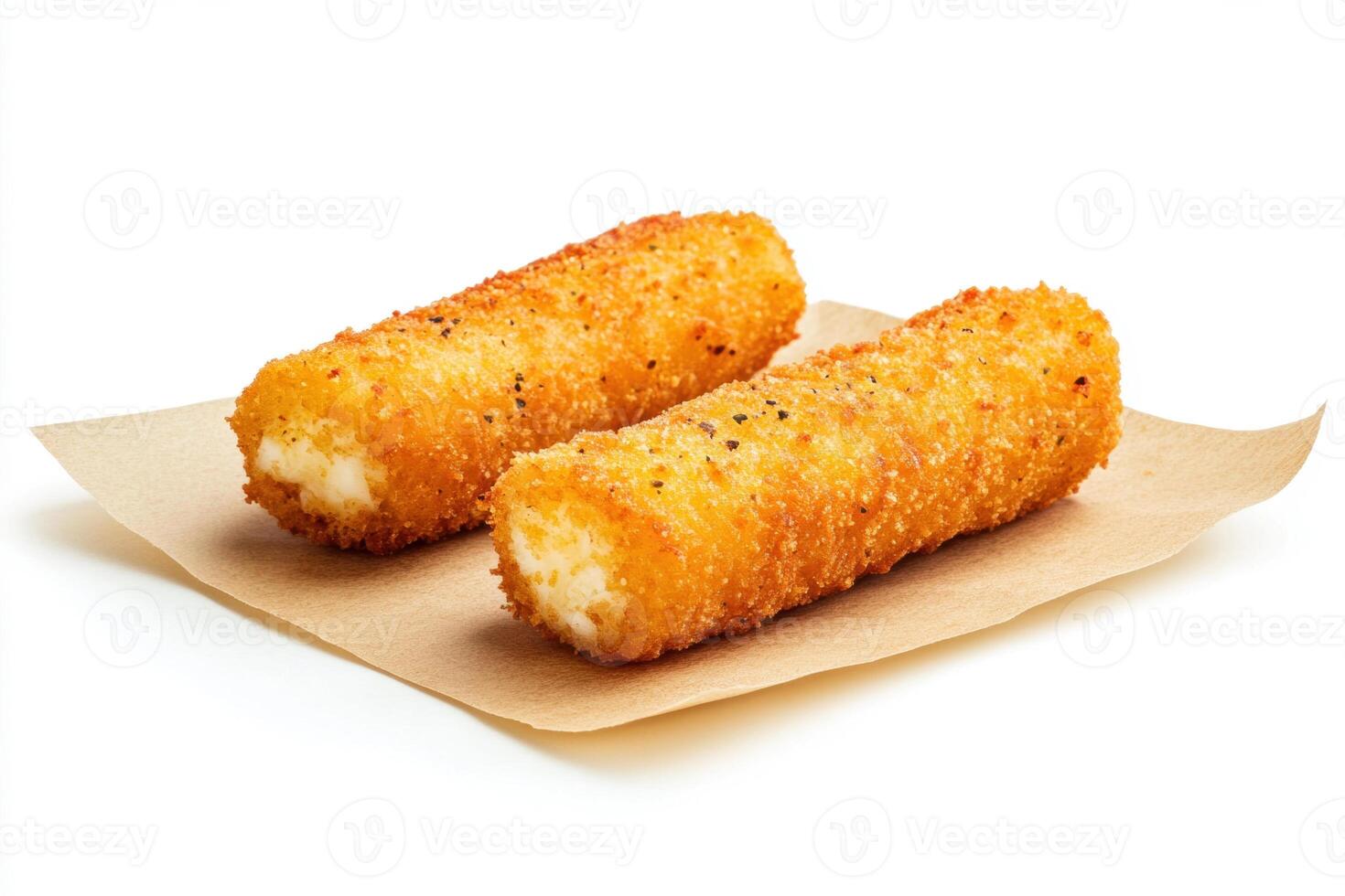 Golden-fried mozzarella sticks revealing stretchy cheese core, dusted with black pepper, resting on crisp parchment paper square photo