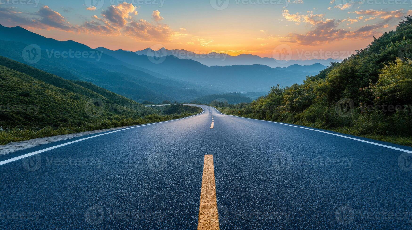 An empty paved road in the mountains. A beautiful landscape with a roadway on the hills. Travel photo