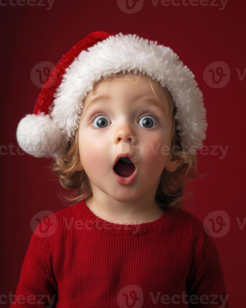 Wide-eyed infant wearing festive santa hat expressing wonder against vibrant red backdrop photo