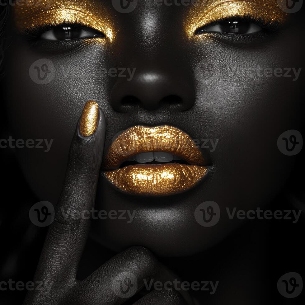 Beauty portrait of an elegant african american woman with gold makeup and nail polish slightly touching her lips photo