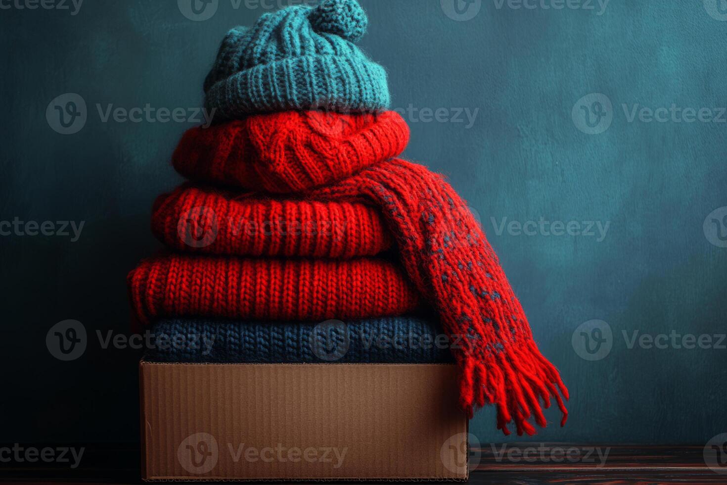 Warm knitted winter clothes and hats are folded in a cardboard box, photo
