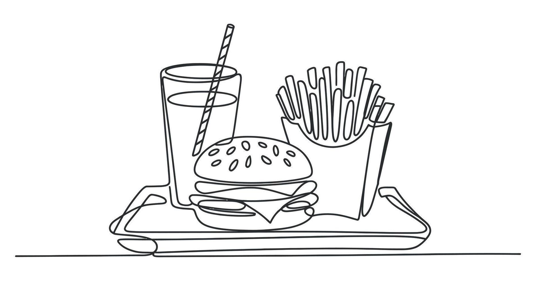 Continuous Line Drawing of a Delicious Hamburger Meal with French Fries and Soda vector