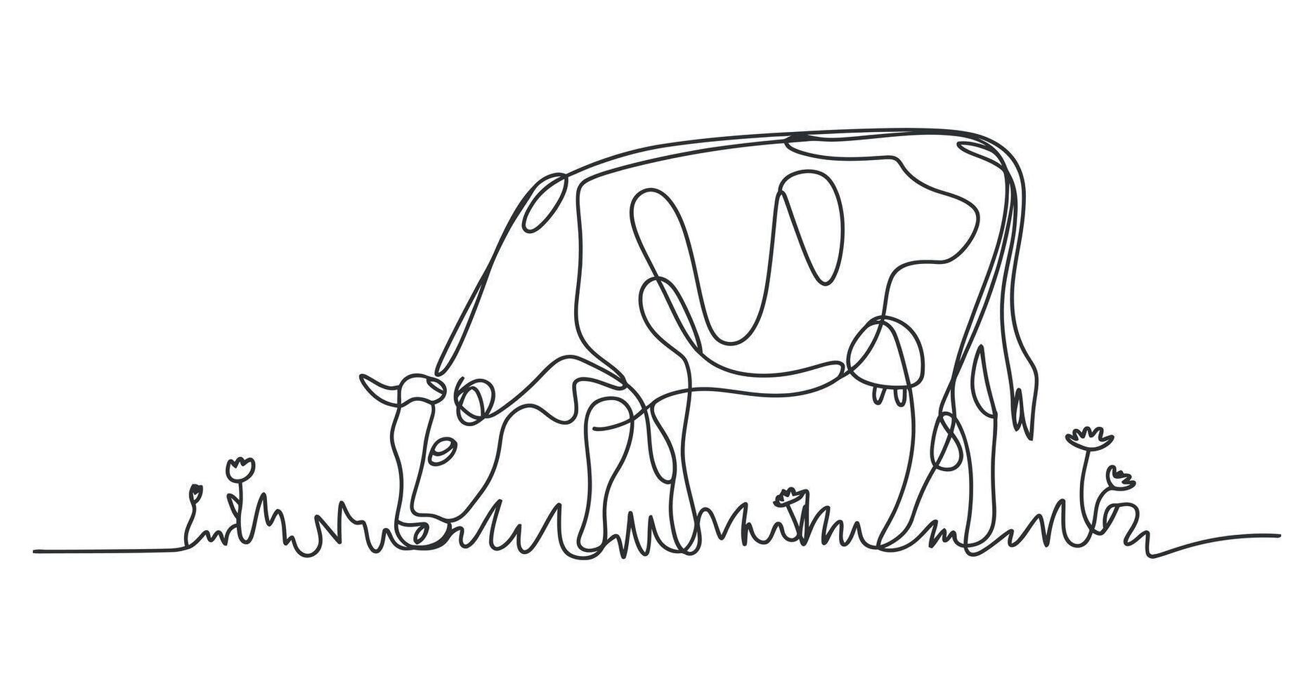 Single Line Drawing of a Cow Grazing in a Field of Flowers vector