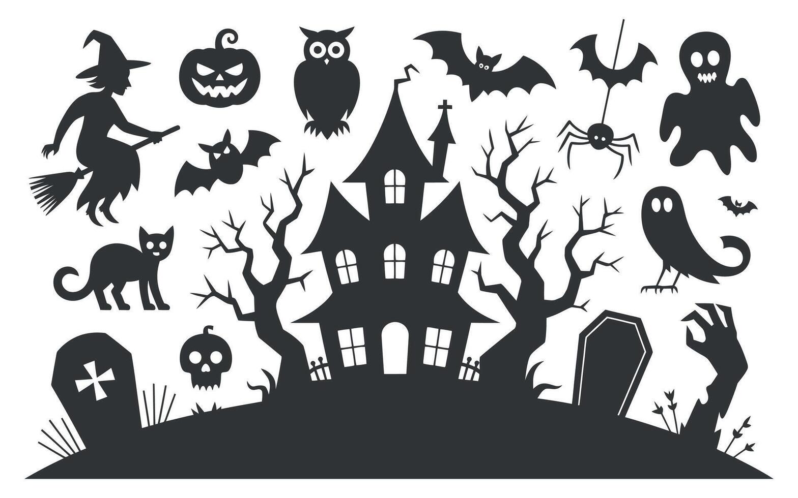 Halloween Silhouettes Collection Featuring Haunted House Witch Bats Ghosts Pumpkins and More vector