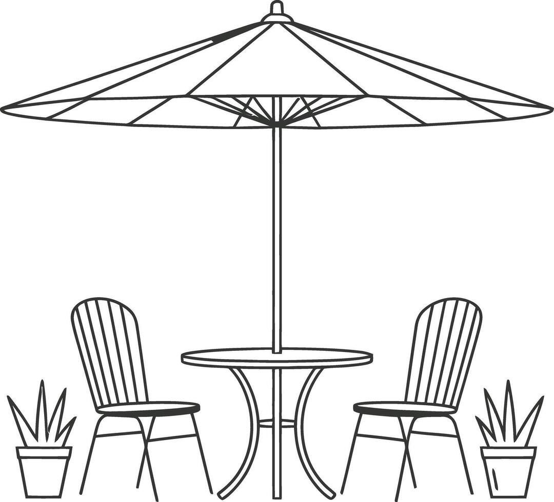 Simple Line Drawing of a Patio Set with Umbrella Two Chairs and Potted Plants vector