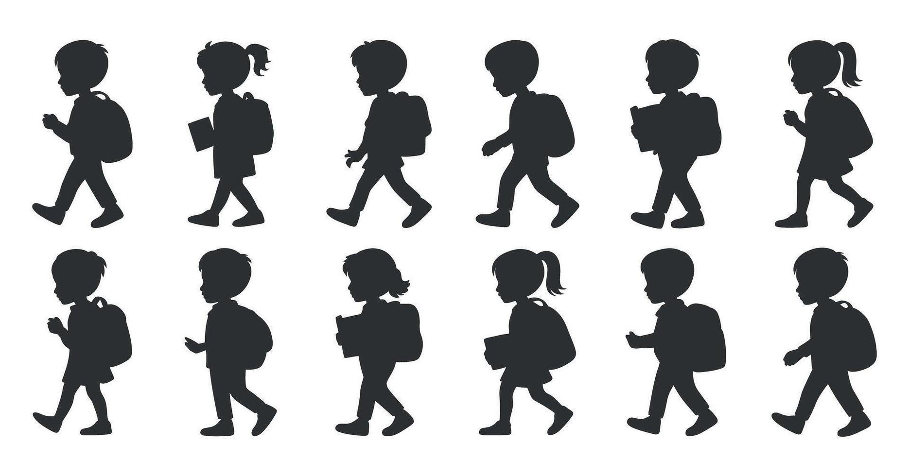 Twelve Silhouettes of Children Walking to School with Backpacks on white background vector