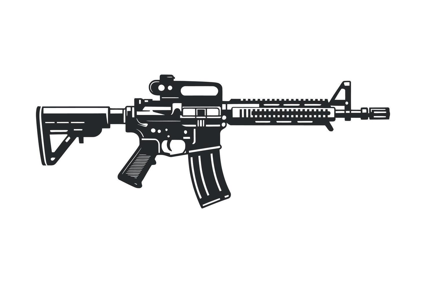 Black and White Illustration of an AR 15 Style Assault Rifle with Red Dot Sight vector