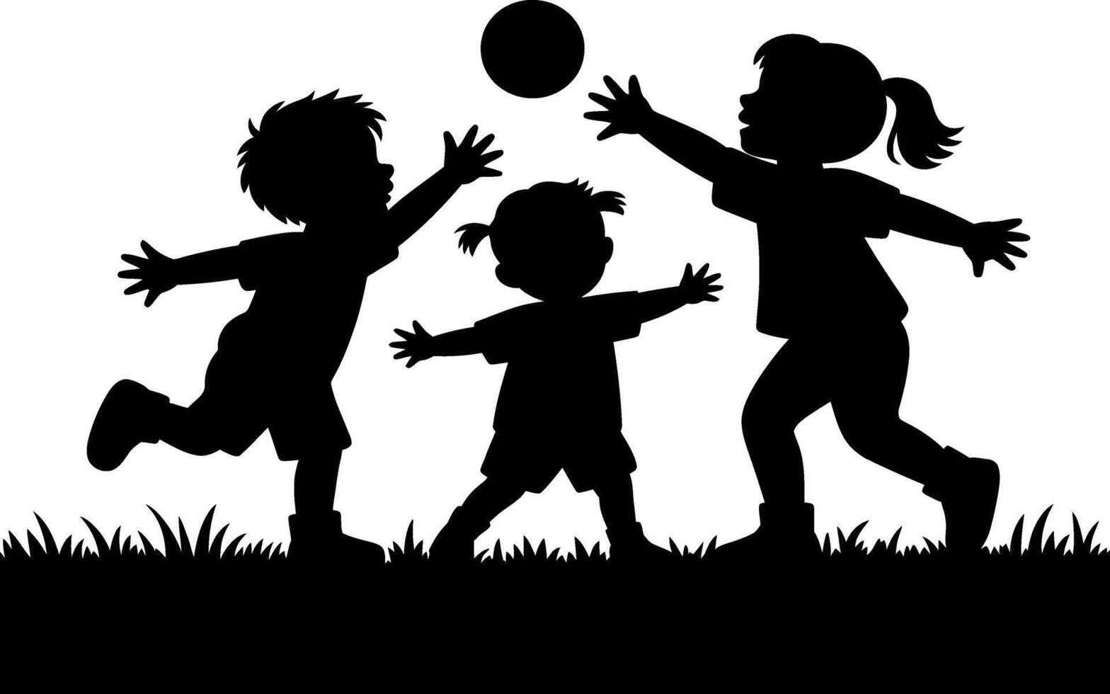 Silhouette of Three Children Playing with a Ball in a Grassy Field vector
