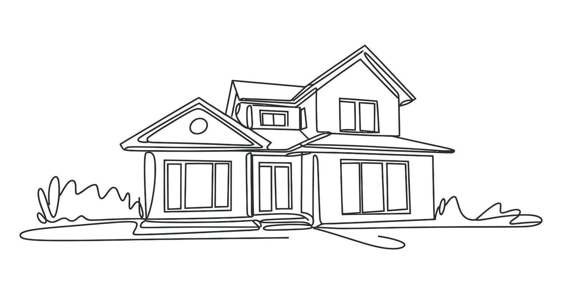 Single Line Drawing of a Two Story House with a Gable Roof and Landscaping vector