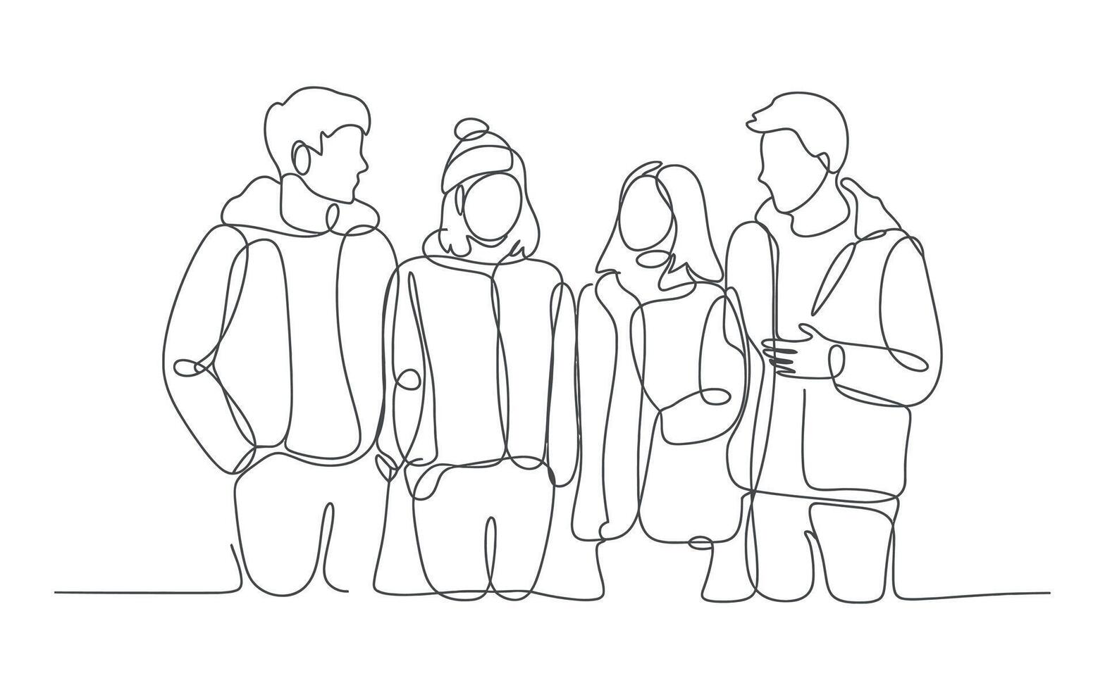 Continuous Line Drawing of Four Friends in Winter Clothing vector