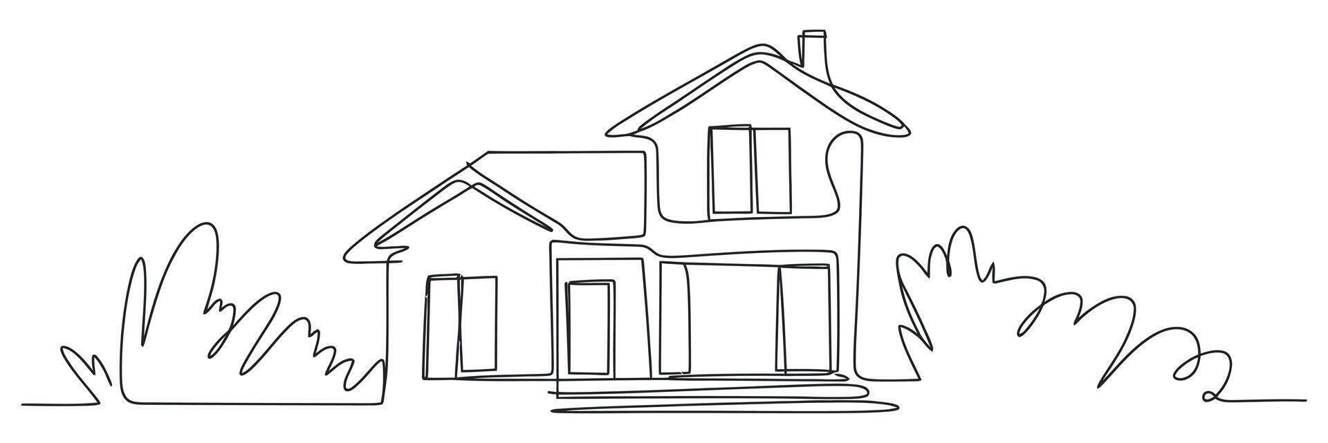 Single Line Drawing of a Two Story House with Bushes vector