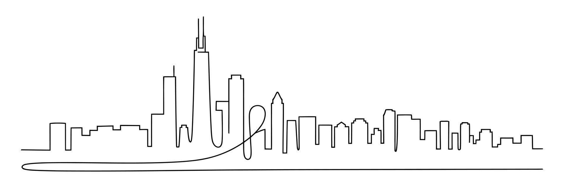 Continuous Line Drawing of a Modern City Skyline with Tall Buildings and a Ground Line vector