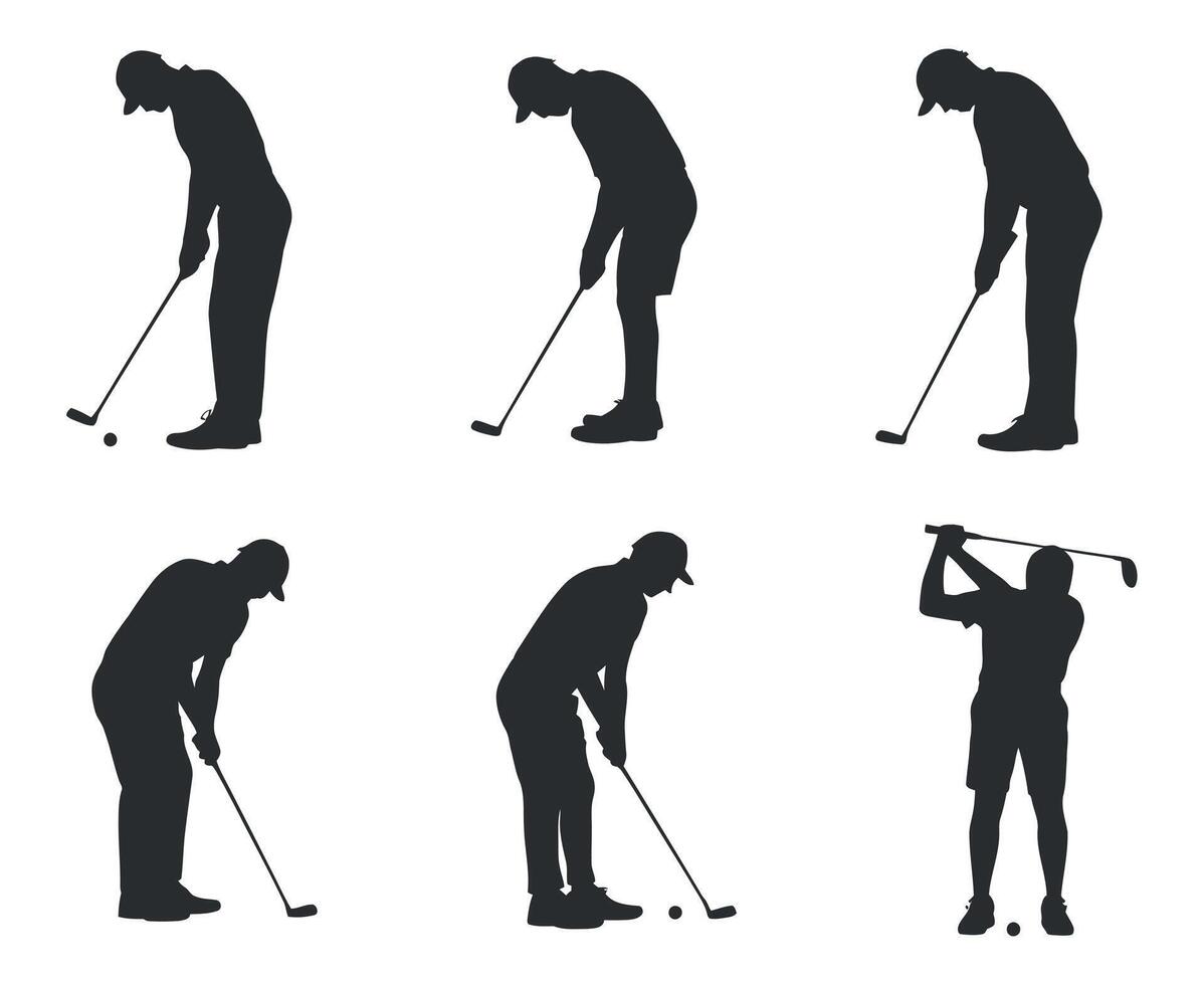 Six Silhouettes of Golfers in Various Poses Illustrating Different Golf Strokes vector