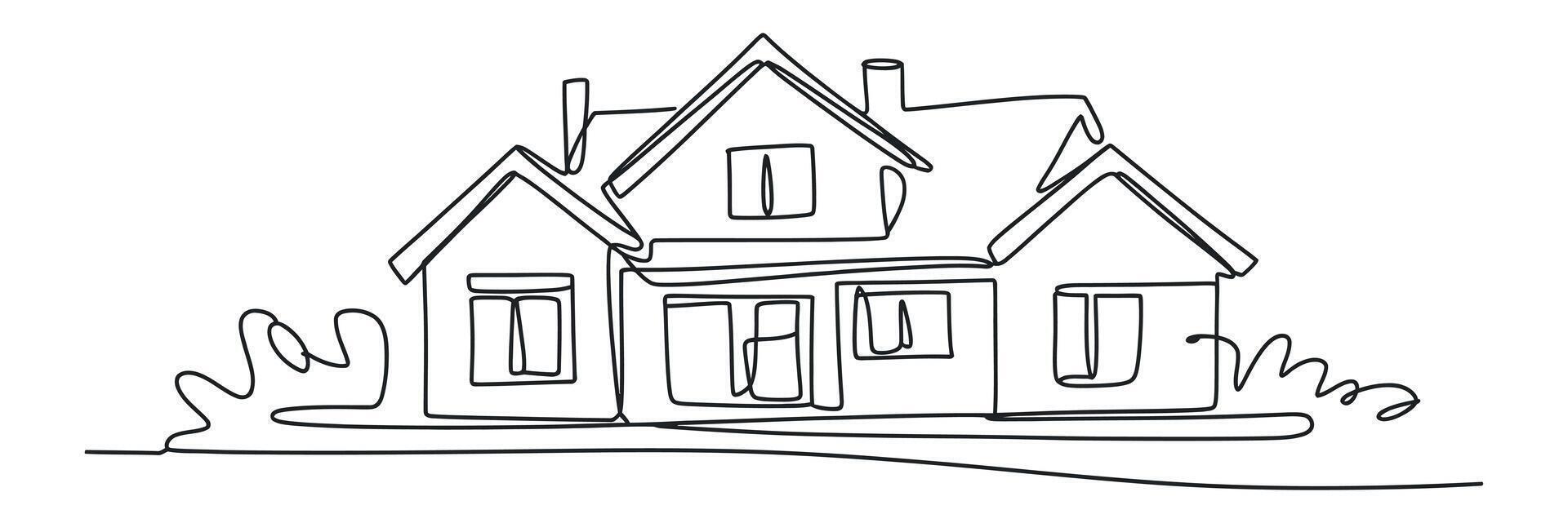 Single Line Drawing of a House with a Gable Roof and Windows vector