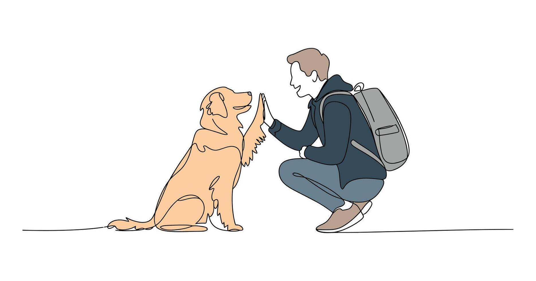 Young Man with Backpack Giving High Five to Golden Retriever Dog vector