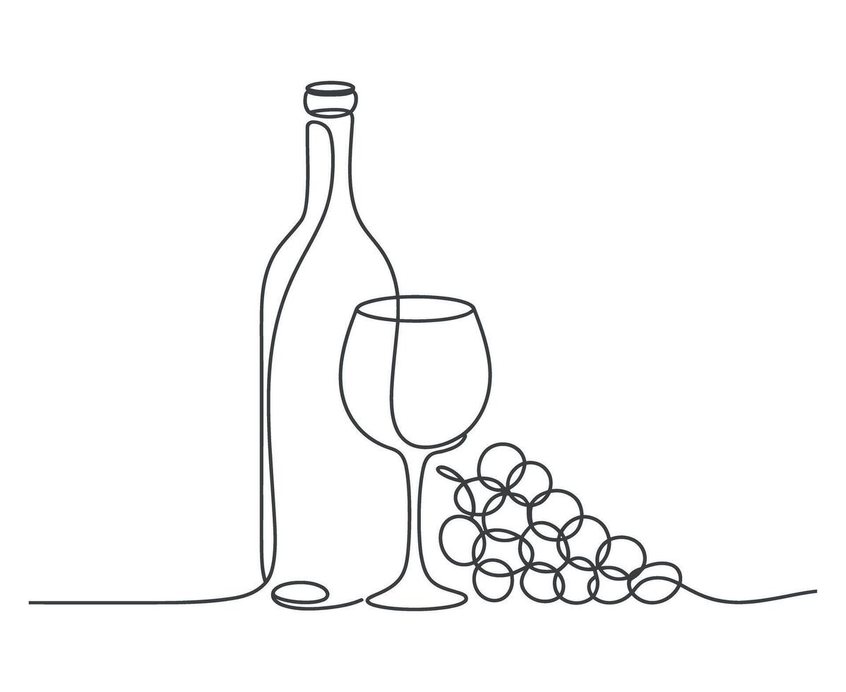 Elegant One Line Drawing of Wine Bottle Glass and Grapes vector