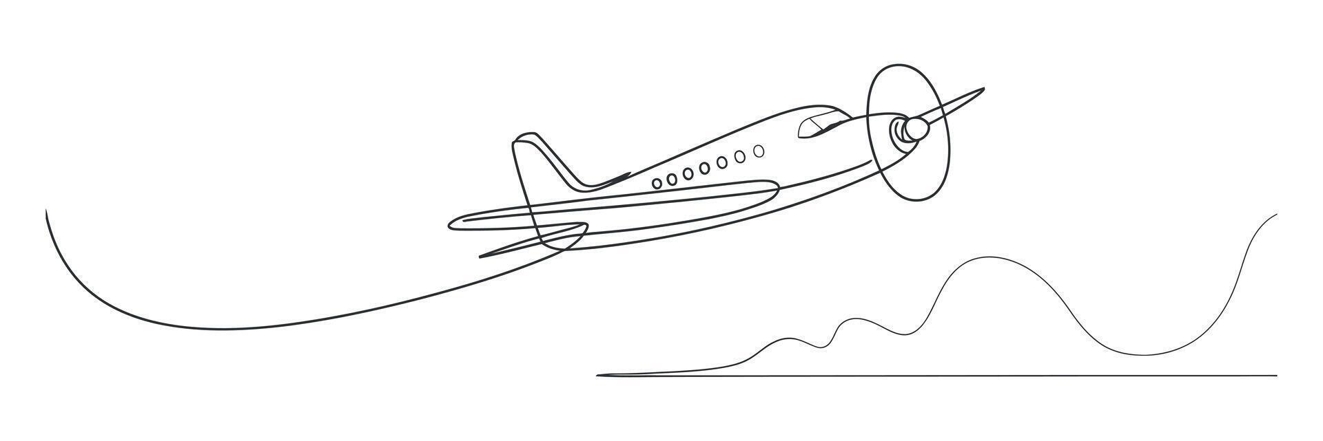 Single Line Drawing of a Propeller Airplane in Flight Over Rolling Hills vector