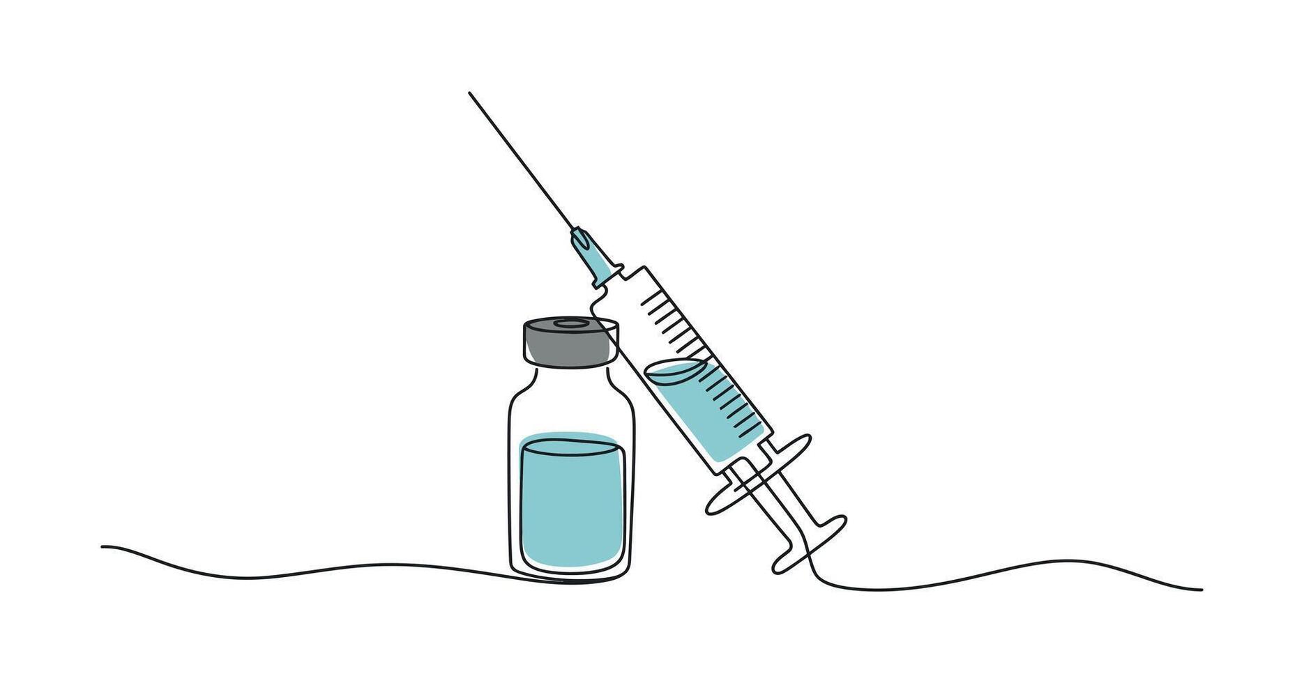 Continuous Line Drawing of Syringe and Vaccine Vial on white background vector