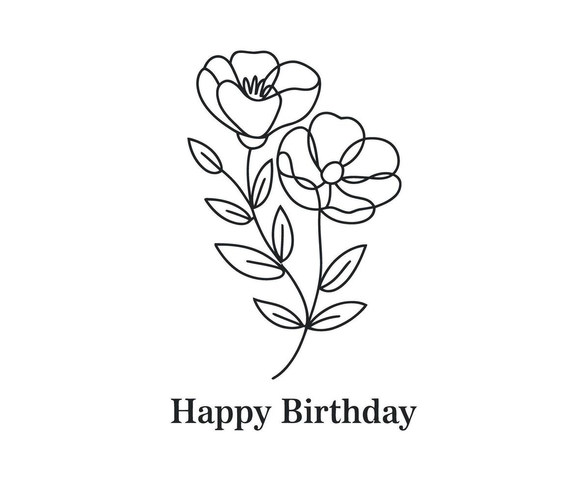 Elegant Line Art Floral Design Happy Birthday Card Illustration vector