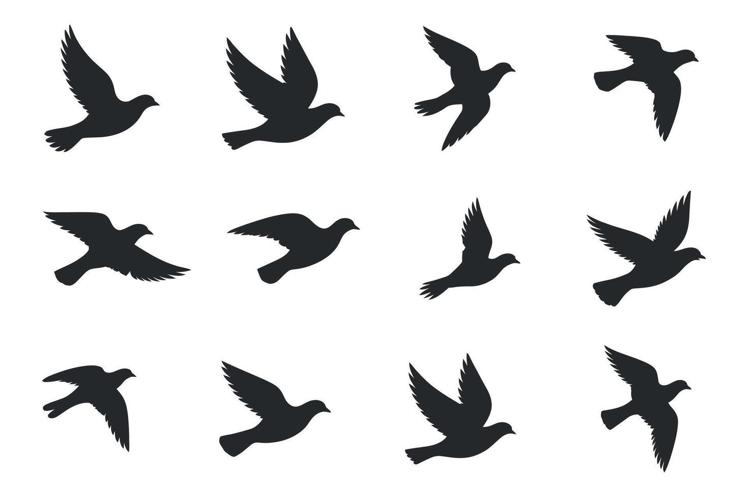 Twelve Diverse Silhouettes of Doves in Flight Isolated on White Background vector