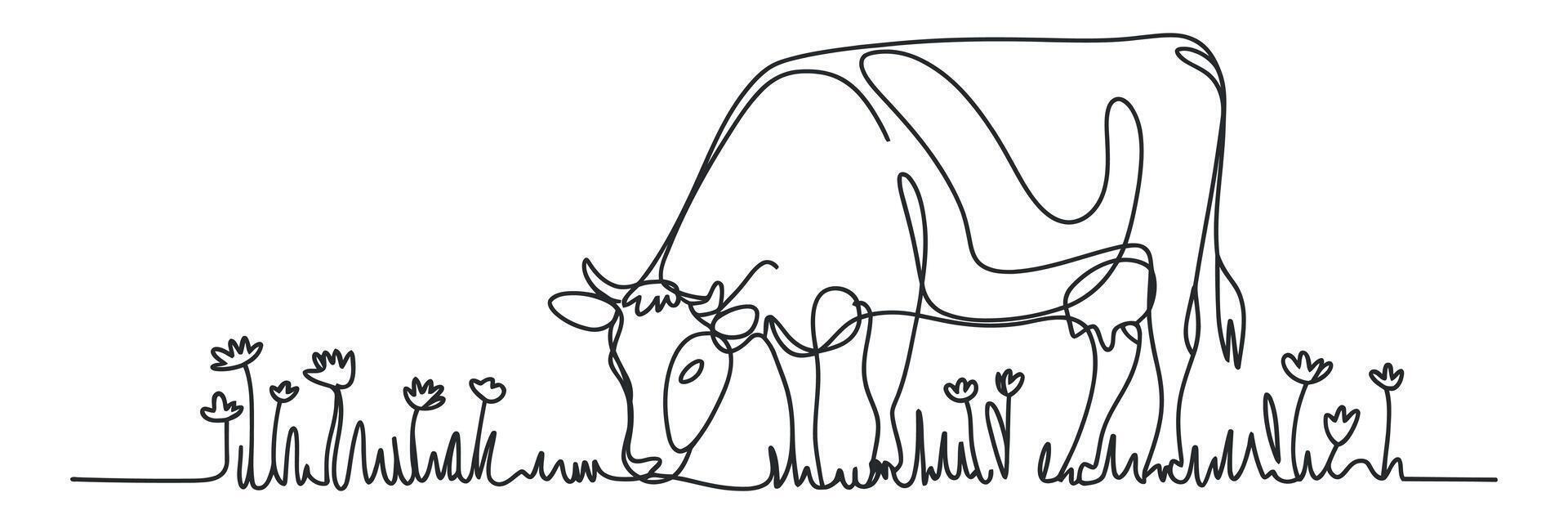 Single Line Drawing of a Cow Grazing in a Field of Flowers on white vector