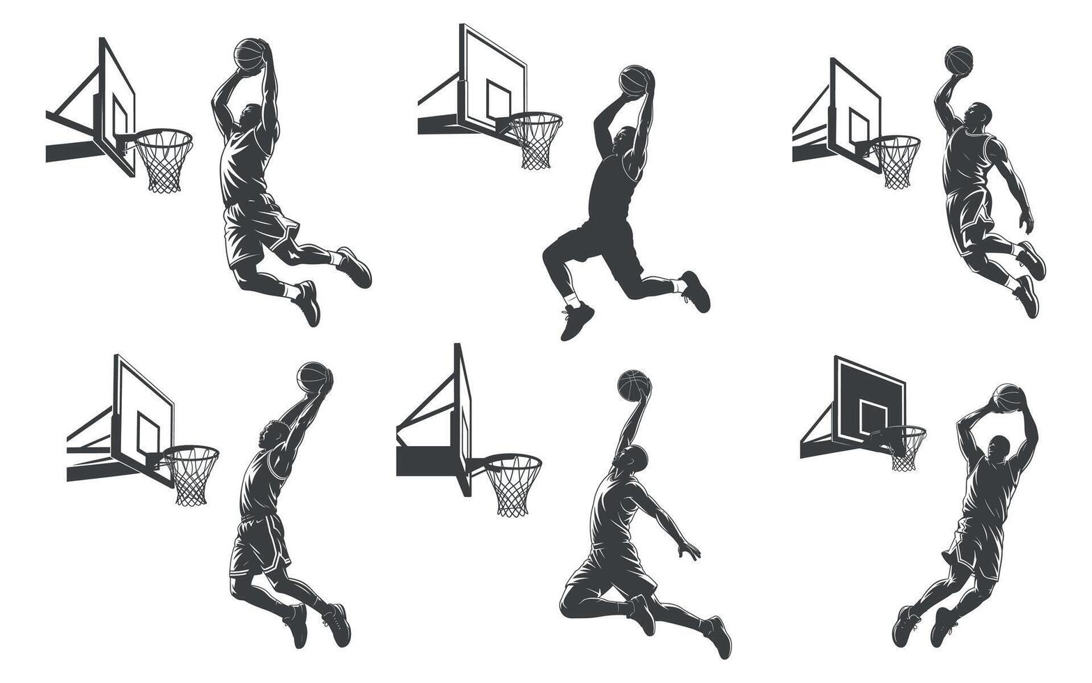 Six Silhouettes of Basketball Players Executing Dynamic Dunks Near the Hoop vector