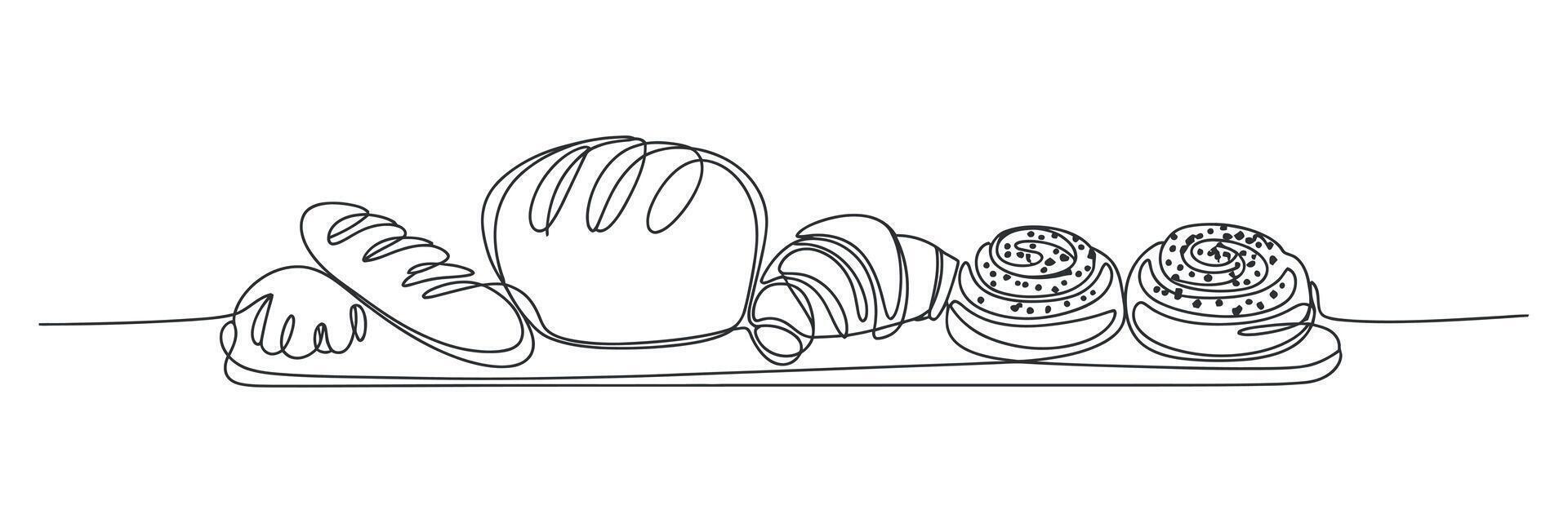 Single Line Drawing of Assorted Breads and Pastries on a Tray vector