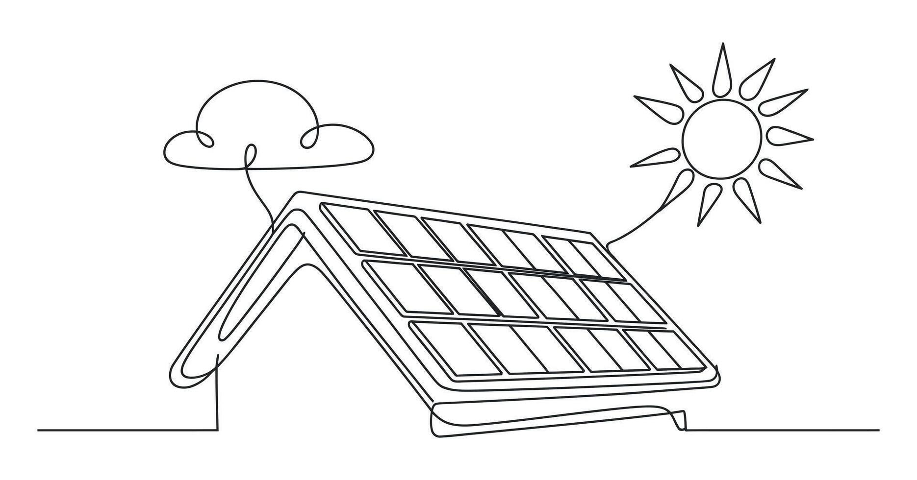 Single Line Drawing of Solar Panel on Roof with Sun and Cloud vector