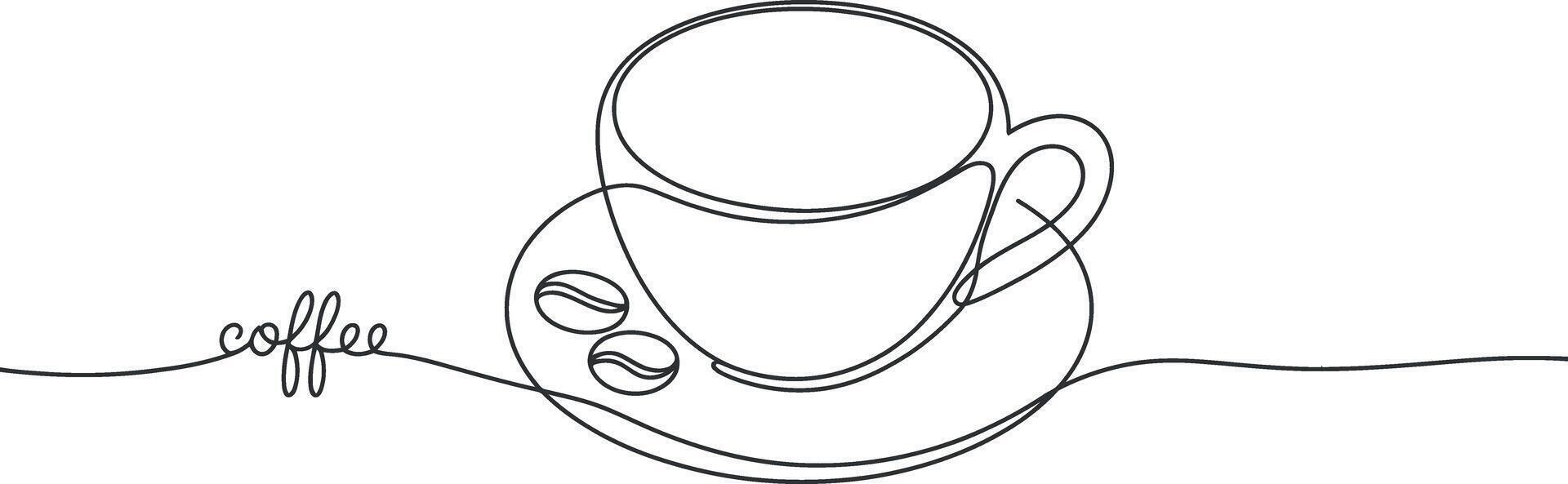 Single Line Drawing of Coffee Cup on Saucer with Coffee Beans vector