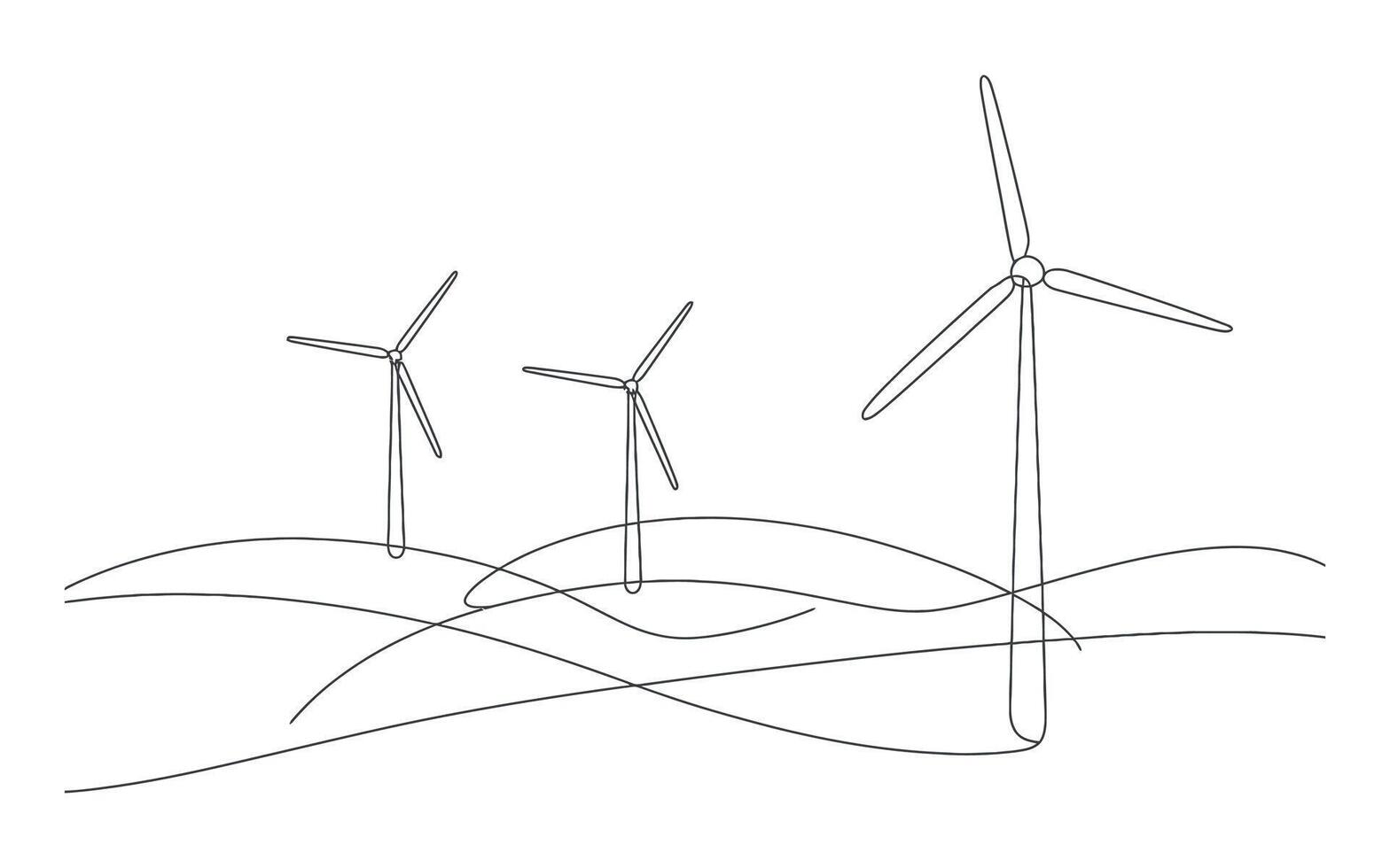 Three Wind Turbines on Rolling Hills Single Line Drawing Illustration vector