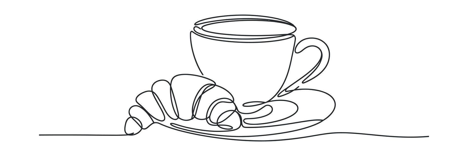 Single Line Drawing of Coffee Cup and Croissant Breakfast on white background vector