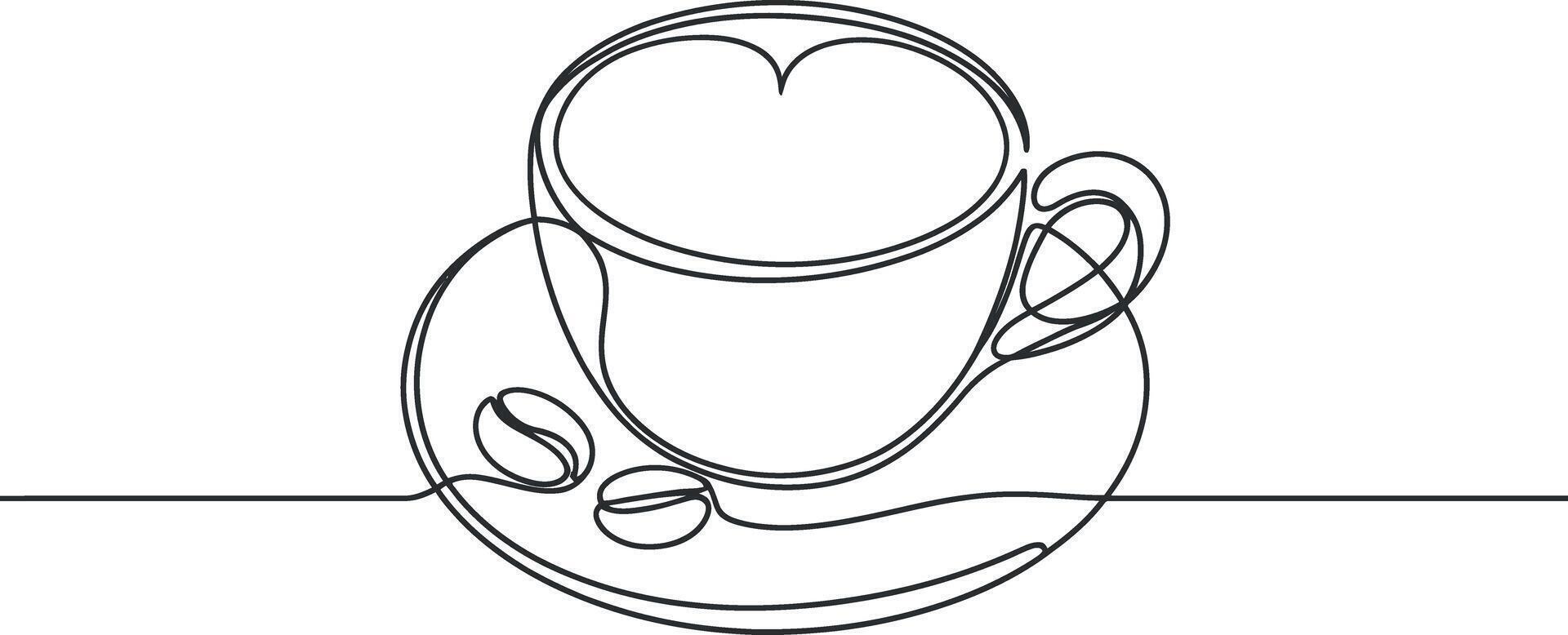 Single Line Drawing of a Coffee Cup with Beans on a Saucer Minimalist Coffee Illustration vector