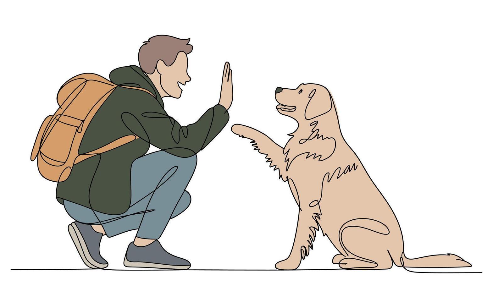 Man with Backpack Giving High Five to Golden Retriever Dog vector