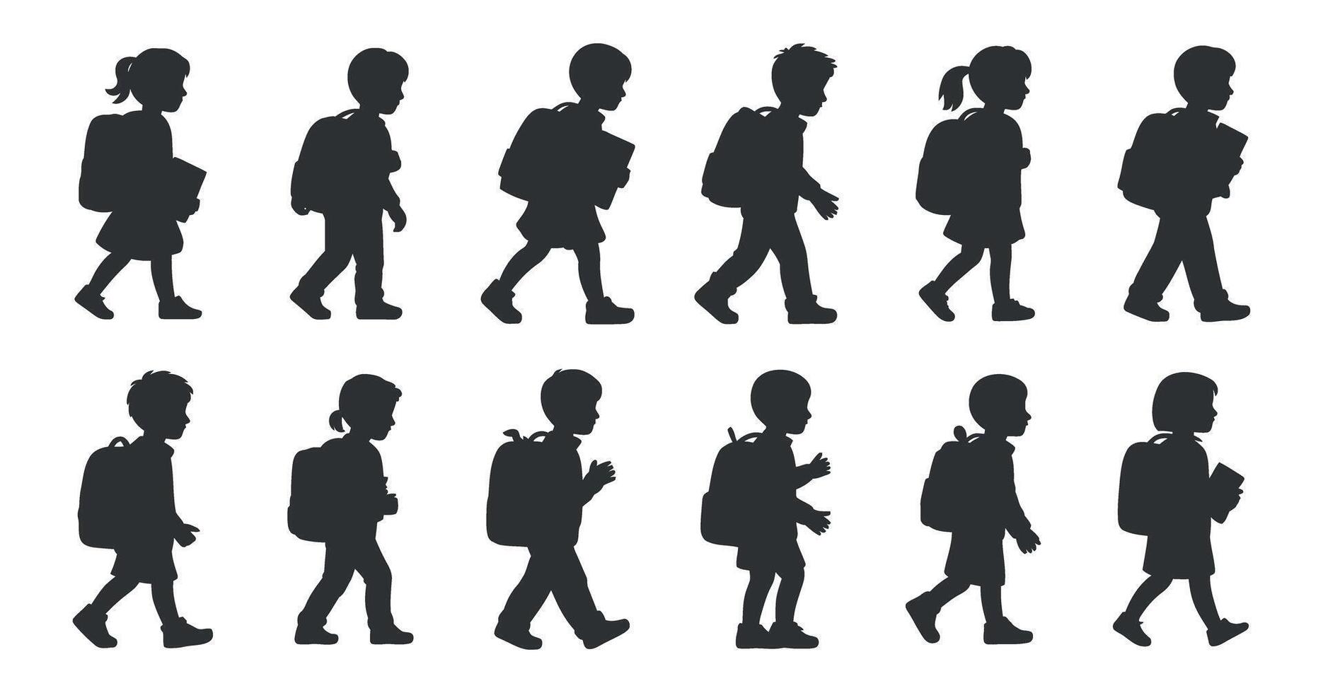 Twelve Silhouettes of Children Walking to School with Backpack on White background vector