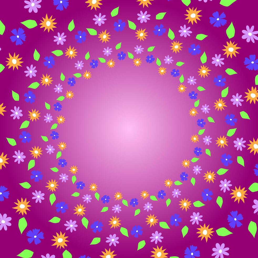 Bright festive pink background decorated with a pattern of multi-colored flowers and leaves arranged in a circle vector