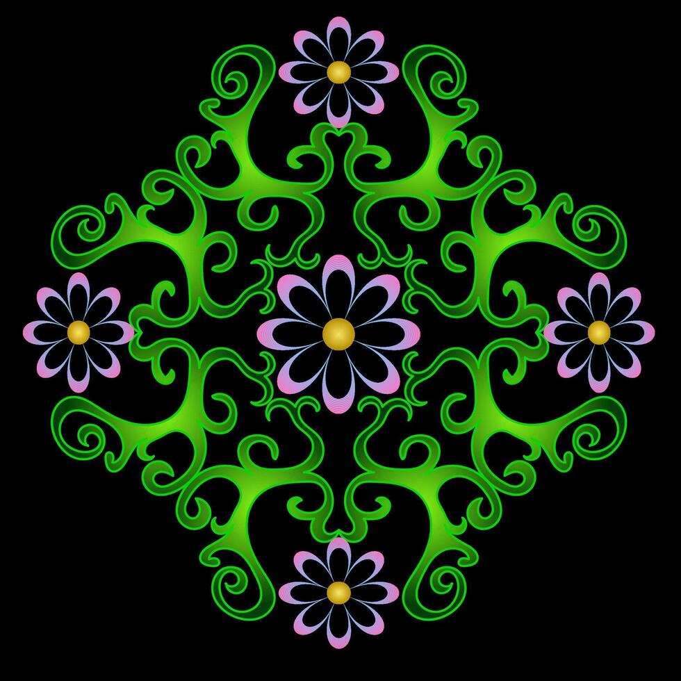 Four-cornered bright floral pattern for tiles or fabric on black background vector