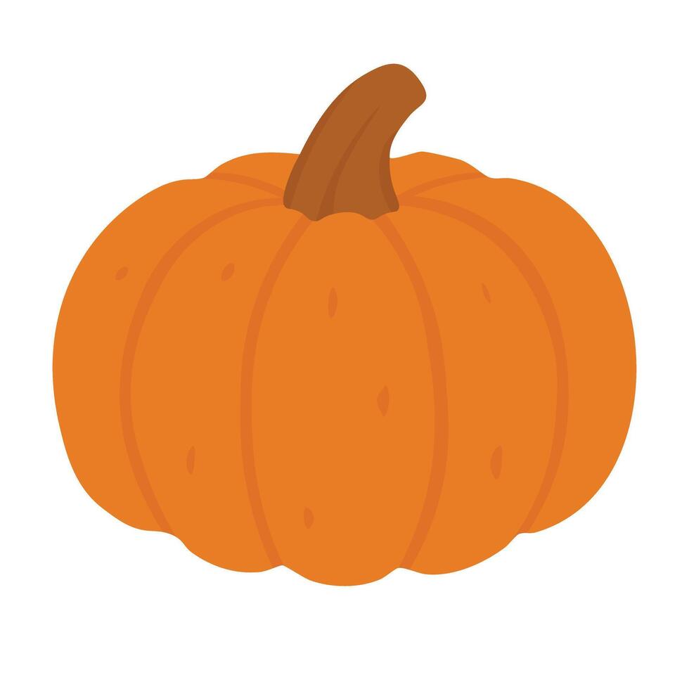Cartoon flat orange pumpkin with brown curved stem. Cozy autumn harvest and Thanksgiving decoration element. vector