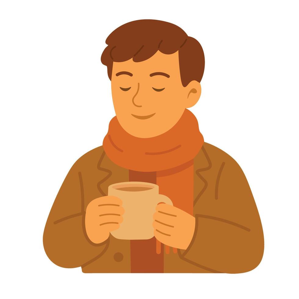 Man in coat and scarf holding warm drink. Cozy autumn mood in flat cartoon style. vector