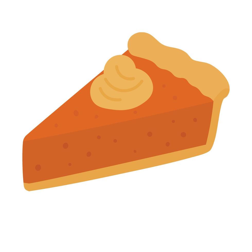 Cute pumpkin pie slice with whipped cream topping in warm fall color palette. vector