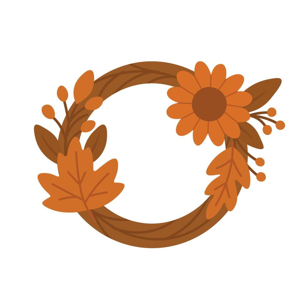 Cartoon flat autumn wreath with flower, berries and leaves. Cozy decorative element for seasonal use. vector