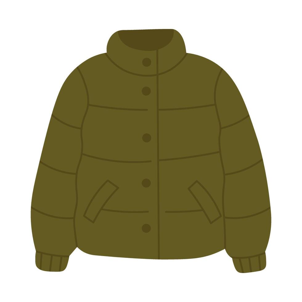 Cartoon flat green puffer jacket with buttons and pockets. Cozy outerwear for cold autumn days. vector