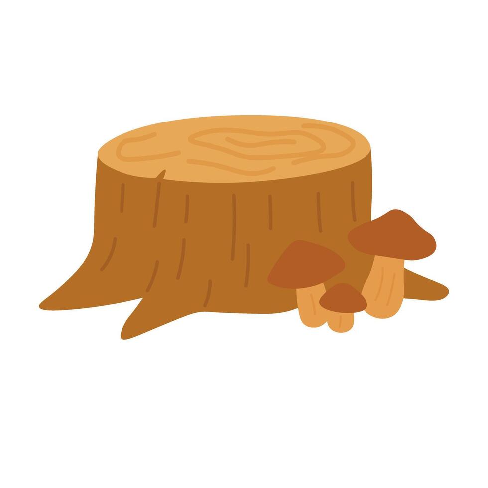 doodle illustration of a tree stump with mushrooms in flat cartoon autumn style. vector
