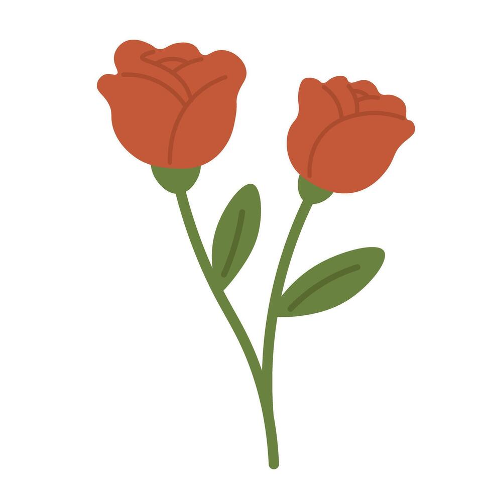 Flat cartoon rose buds with green leaves, elegant floral element for feminine and romantic designs. vector