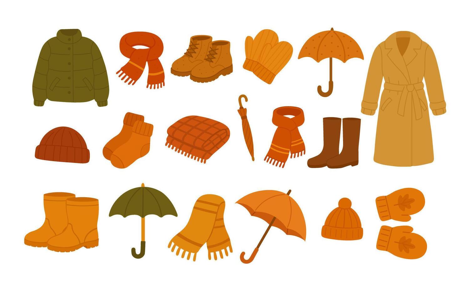 Cozy fall clothes and accessories for cold weather like jackets, boots, hats and scarves. vector