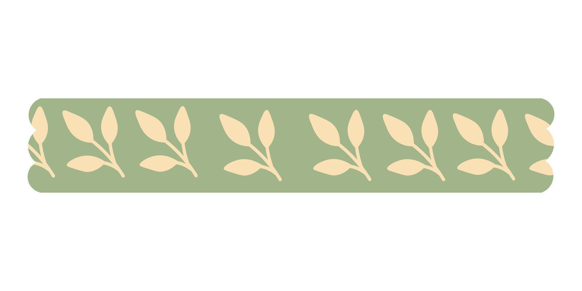 Washi tape with cream botanical leaf pattern on green background. Flat cartoon illustration. vector