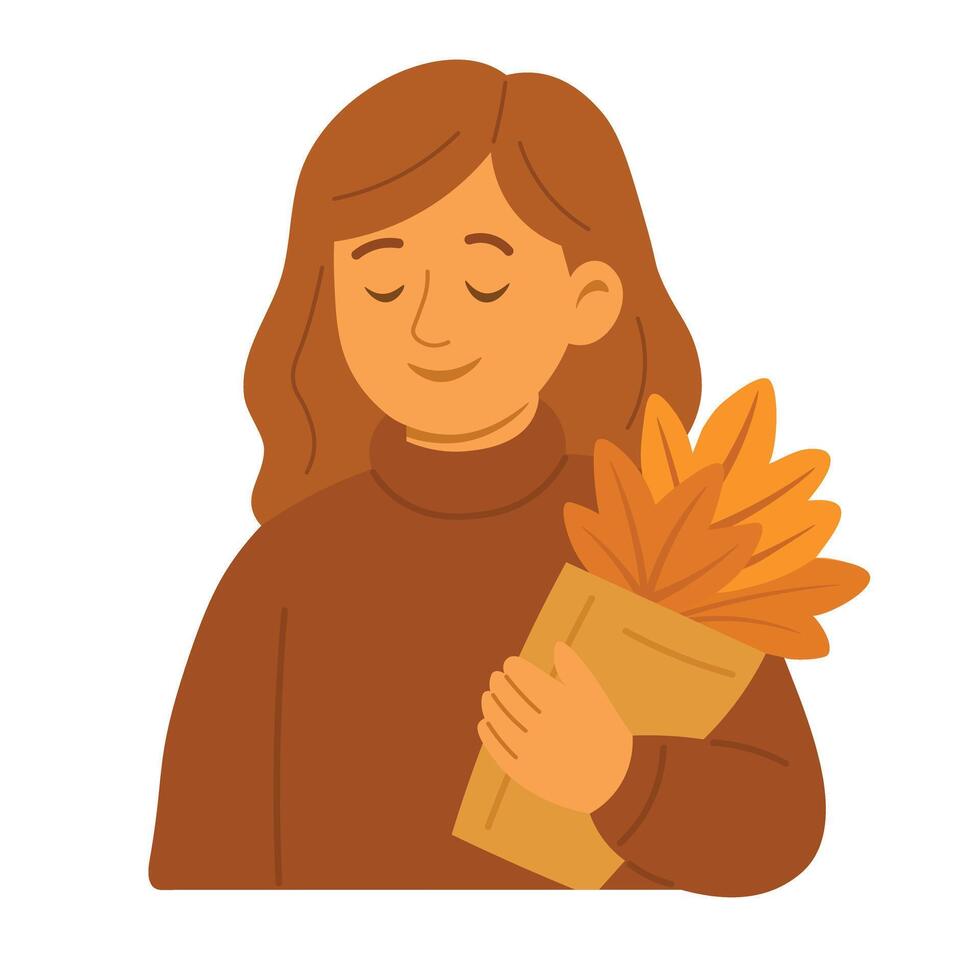 Girl in cozy sweater holding autumn leaves bouquet. Warm and peaceful flat illustration. vector