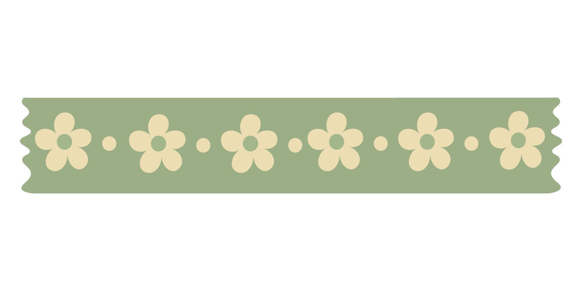 Green washi tape with centered cream flowers and dots. Flat cartoon illustration for design. vector