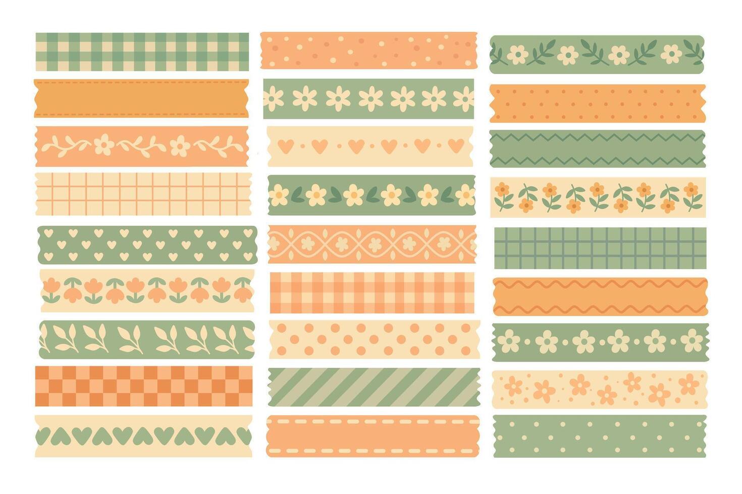 Set of colorful washi tapes with flowers hearts and patterns. Cute cartoon flat style illustration. vector